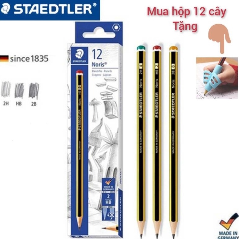 Bút chì Đức staedtler Noris [ GIÁ TỐT trong tháng - Hộp 12 cây (tặng đệm cầm bút) bút chì HB,2B. Gỗ mịn, chì mềm