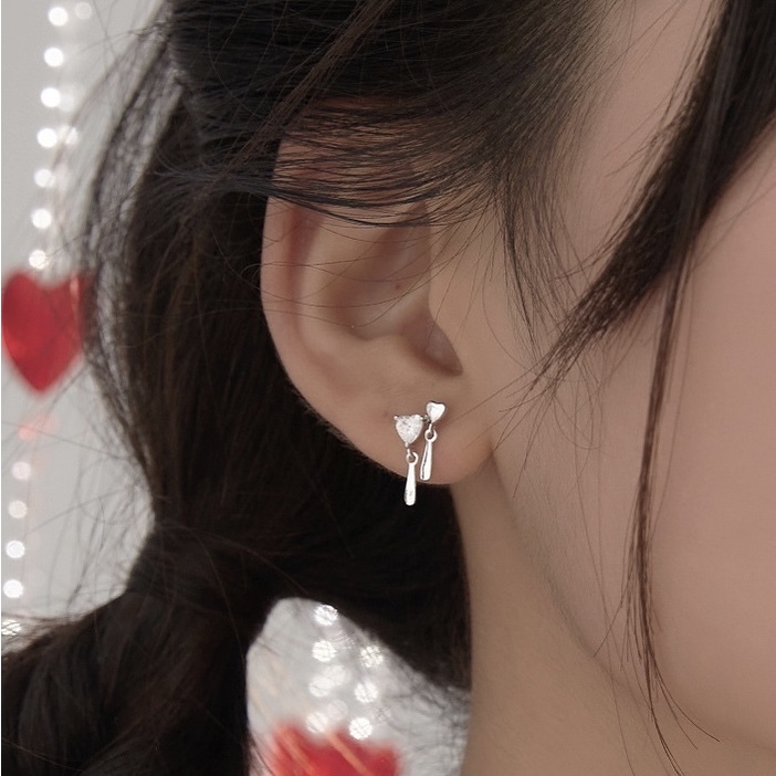 Khuyên Tai Tua Rua Đính Đá zircon Hình Trái Tim Siêu Nhỏ Đơn Giản