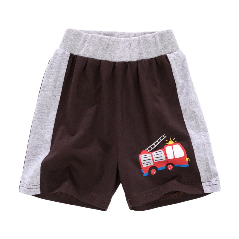 Mã QW226 quần short, quần đùi phối 2 màu nâu xám in hình xe cứu hỏa của Little Maven cho bé trai