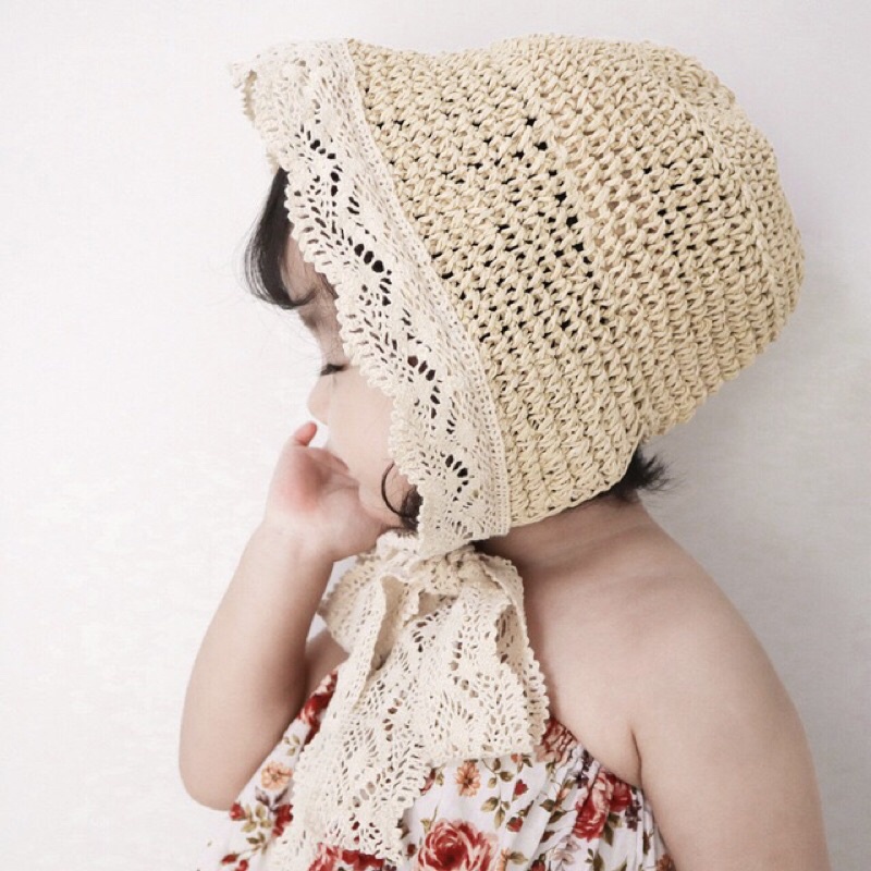 Mũ cói vành ren tiểu thư cho mẹ và bé có thể gấp gọn cực xinh