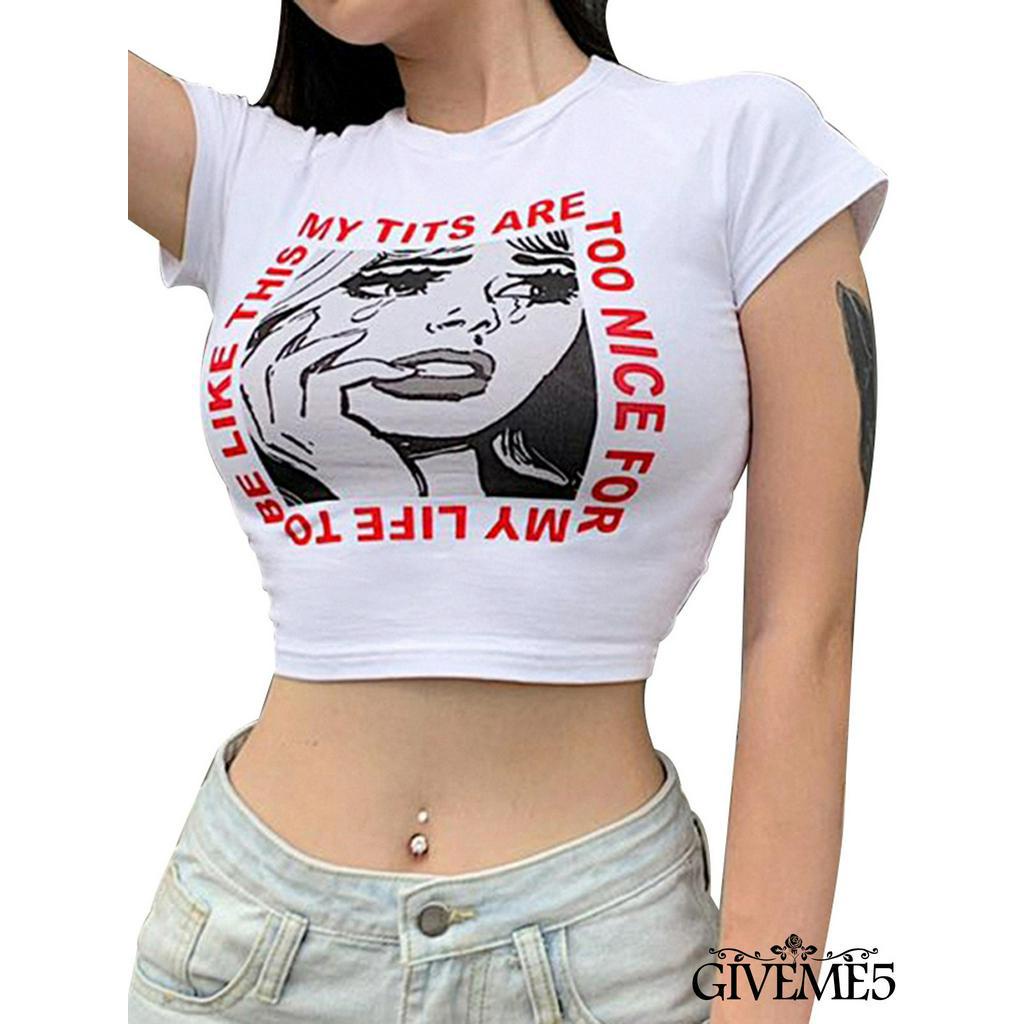 Áo Thun Lửng Ngắn Tay In Chữ Gợi Cảm Cho Nữ