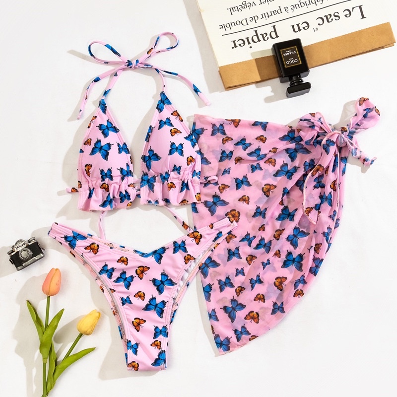 [BKN1078] &lt;ÂU&gt; SET BIKINI 3 MÓN HOẠ TIẾT HỒ ĐIỆP KÈM KHĂN HÔNG 4 MÀU BE/TRẮNG/TÍM/HỒNG