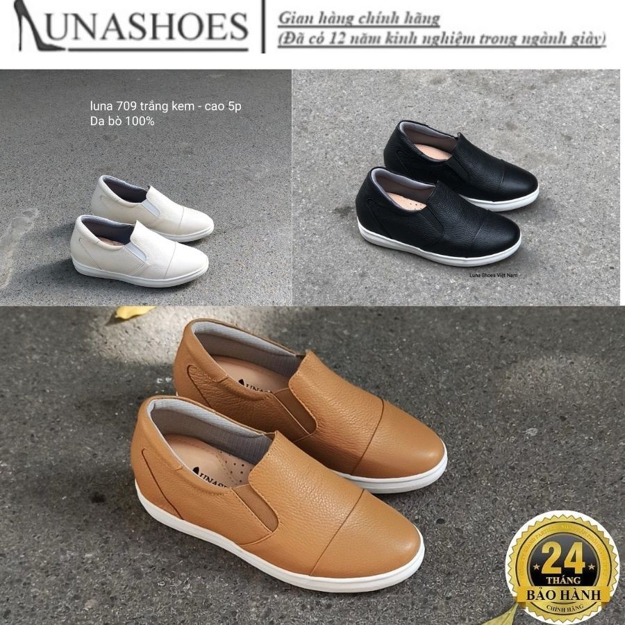 Giày lười nữ, slip on Lunashoes (709) da bò thật mềm đế cao su cao 5p cực đẹp hack chiều cao giầy trung niên cho mẹ