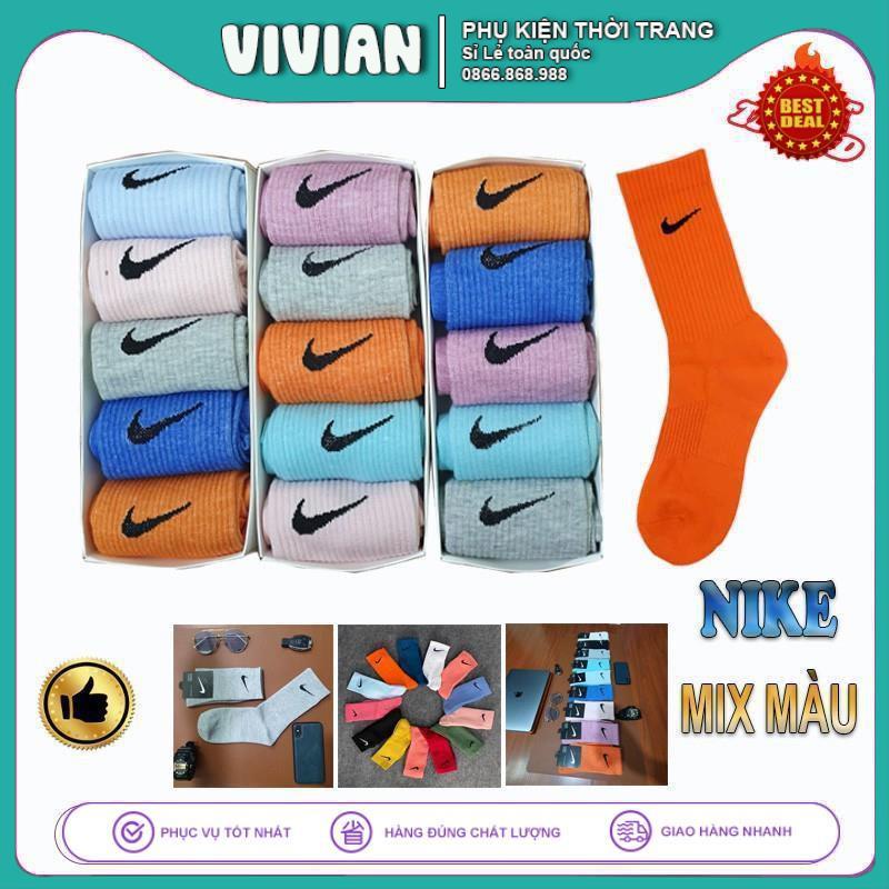 Tất Vớ NIKE MÀU CỔ CAO Hộp COMBO 5 đôi dệt kim cao cấp, Chất liệu 95% Cotton, kháng khuẩn, thấm hút mồ hôi cực hiệu quả