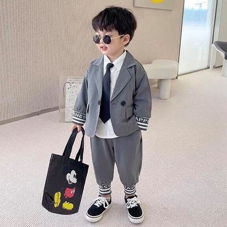 bộ vest nhung lỳ bo kèm cavat cho bé trai