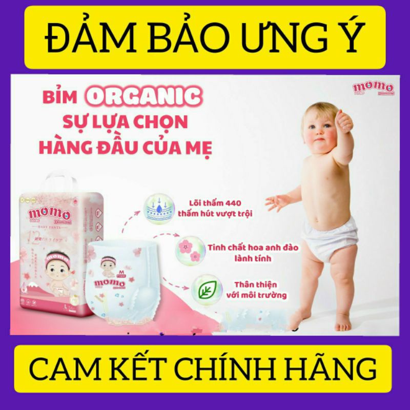 Bỉm Momo Diamond Organic dán/quần S64/M62/M60/L54/XL50/XXL48/XXXL46 ORGANIC TINH CHẤT HOA ANH ĐÀO