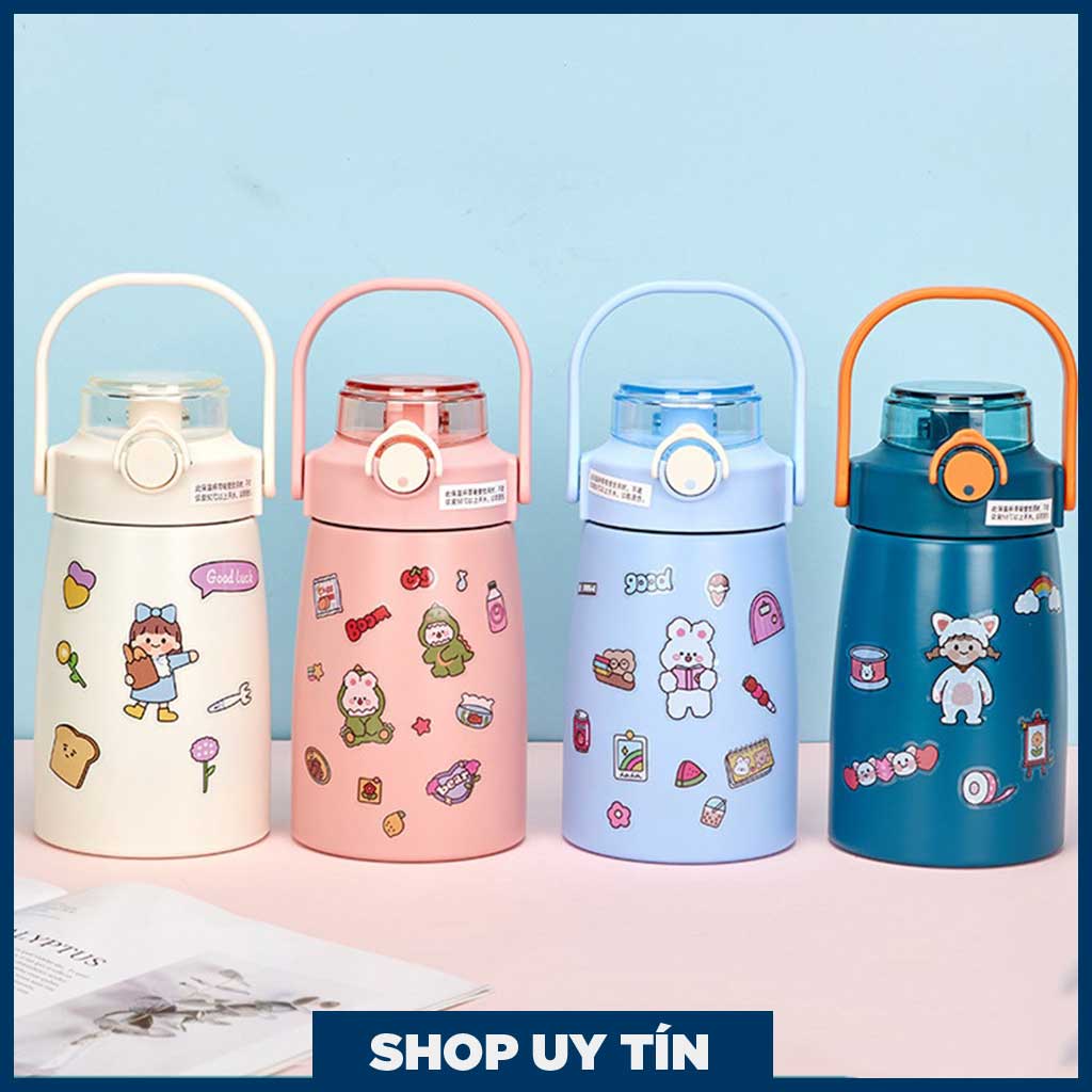 Bình nước giữ nhiệt cute có sticker và ống hút kiểu dáng dễ thương - Bình giữ nhiệt sticker 800ml cho bé inox 304 xịn