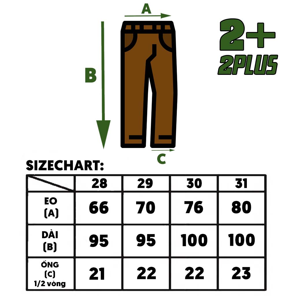 Quần dài cạp cao ống suông kaki màu nâu xanh rêu 2PLUS 2+