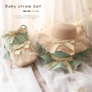 LAA6-Girls Beach Hat,Weave Wavy Design Pearl Mesh Bow Embellished Dome Summer Sunscreen Hat