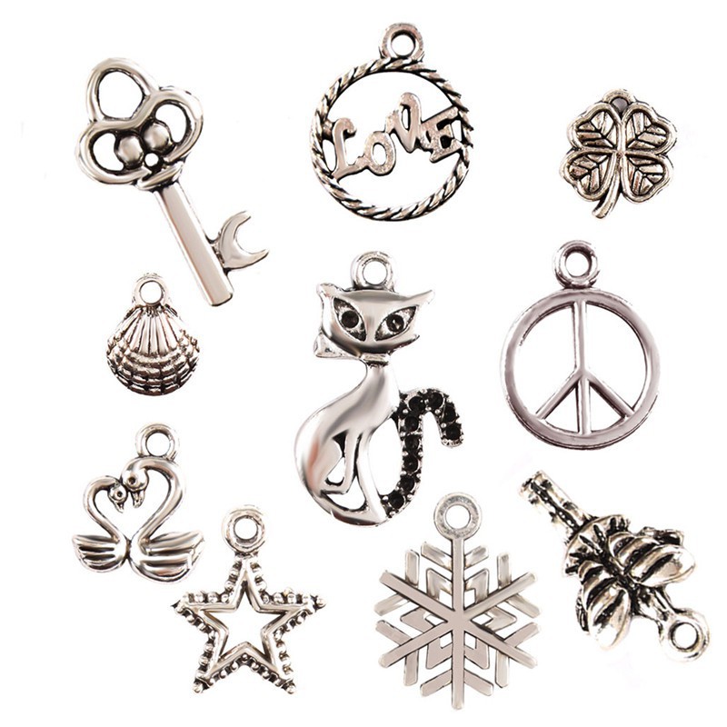 Bộ 100 mặt dây chuyền hợp kim màu bạc kiểu dáng khác nhau