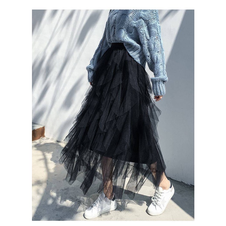 Chân Váy Lưới Lưng Cao Xếp Ly Lệch Tà Màu Trắng Thời Trang Mùa Đông Xinh Xắn Cho Nữ