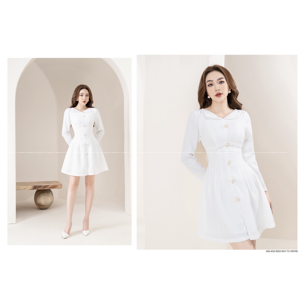 Váy đầm thiết kế tay dài cổ V xếp kết nút cao cấp [ Có video + Ảnh thật ] The Shilla - Q26AGZ.62D2