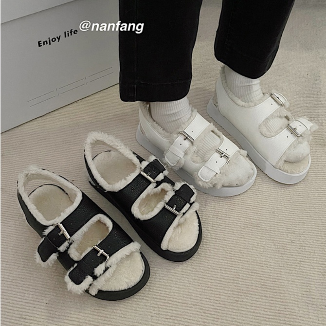 Giày sandal đế phẳng dày dặn lót lông cừu thời trang Hàn Quốc 2022 dành cho nữ tùy chọn màu sắc