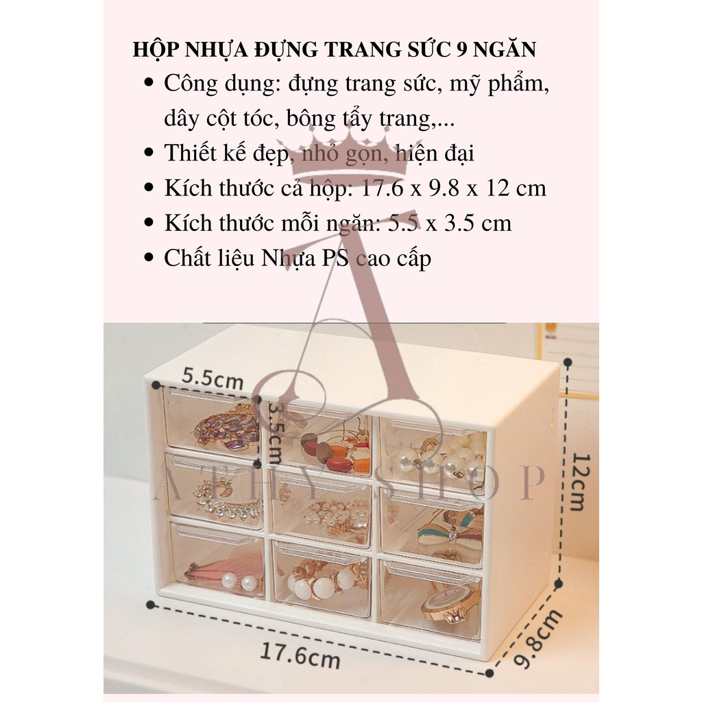 HỘP NHỰA ĐỰNG TRANG SỨC 9 NGĂN, hộc đựng mỹ phẩm, để bông tai nhẫn lắc trang trí bàn trang điểm