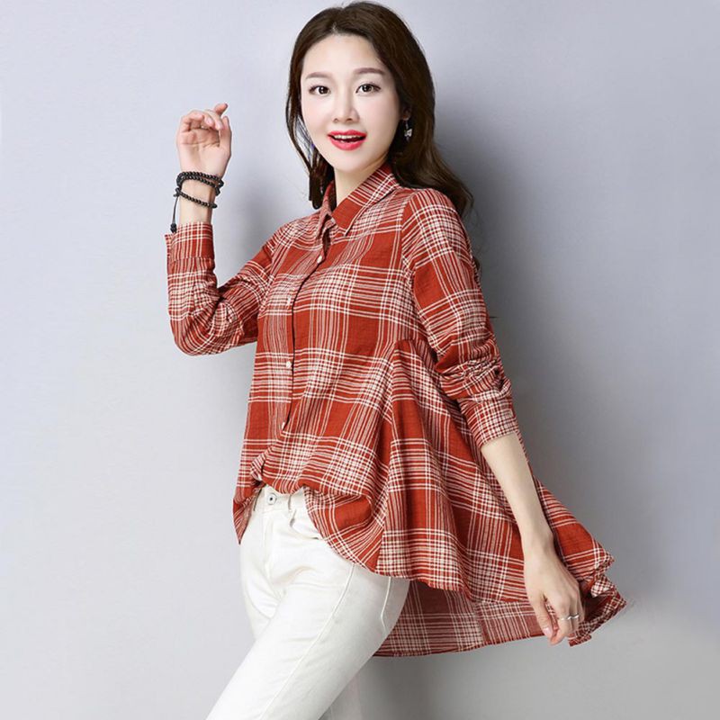 Áo sơ mi form rộng cổ bẻ họa tiết sọc ca rô thanh lịch và điệu đà cho nữ