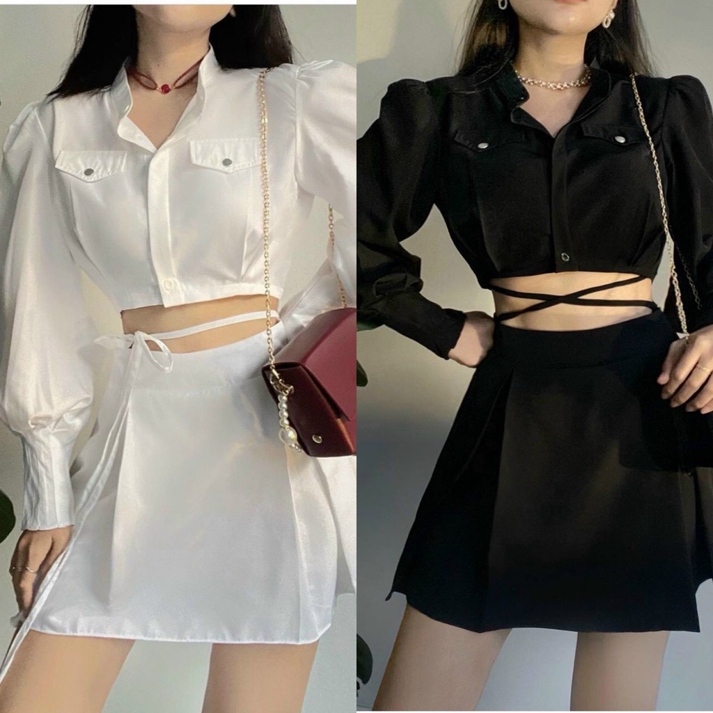 SET ÁO CROP VEST DÂY EO KÈM CHÂN VÁY (KÈM VIDEO HÌNH THẬT)