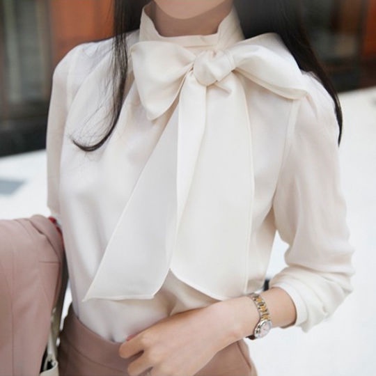 Phiên Bản Hàn Quốc Áo Sơ Mi Dài Tay Voan Áo Sơ Mi Nữ Đơn Giản Đi Lại Rời Tất Cả Trận Đấu Nơ Đáy
