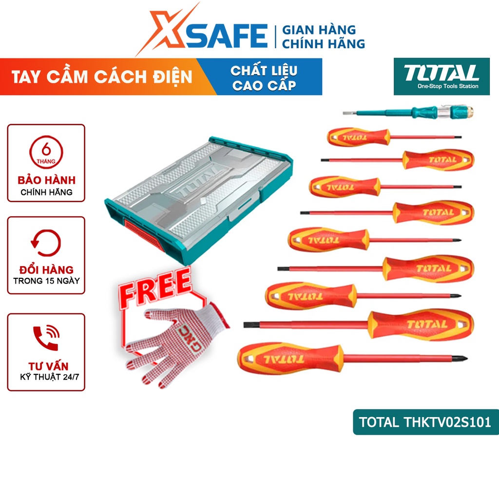 Bộ 10 tua vít cách điện TOTAL THKTV02S101 dùng siết mở ốc vít, sửa chữa điện tiện lợi - chính hãng