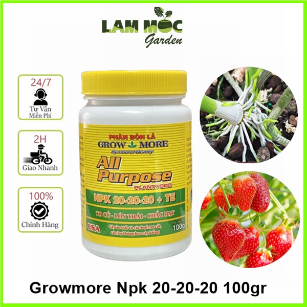 Phân Bón Lá Growmore - To củ, lớn trái, chắc hạt - Npk 20-20-20+TE Hủ 100gr