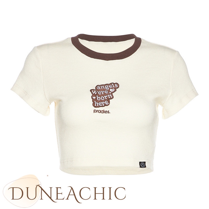 DUNEA Áo thun lửng tay ngắn cổ tròn in chữ quyến rũ hợp thời trang dành cho nữ