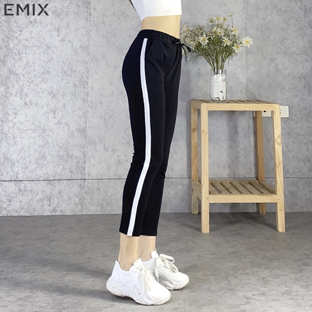 Quần thể thao nữ 1 sọc  trắng EMIX (màu đen), cạp chun thoải mái, chất umi co giãn tốt, cá tính, trẻ trung