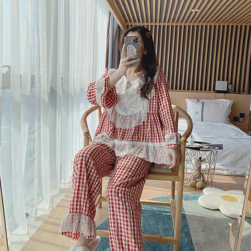 BỘ MẶC NHÀ TIỂU THƯ KẺ CARO VIỀN BÈO PHỐI REN rẻ nhất shopee
