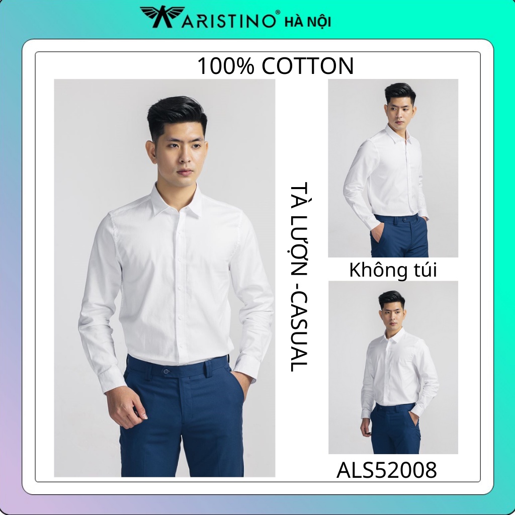 Áo sơ mi dài tay nam Aristino  trắng trơn , 100%cotton ,thấm hút, dáng rộng , không túi ALS52008
