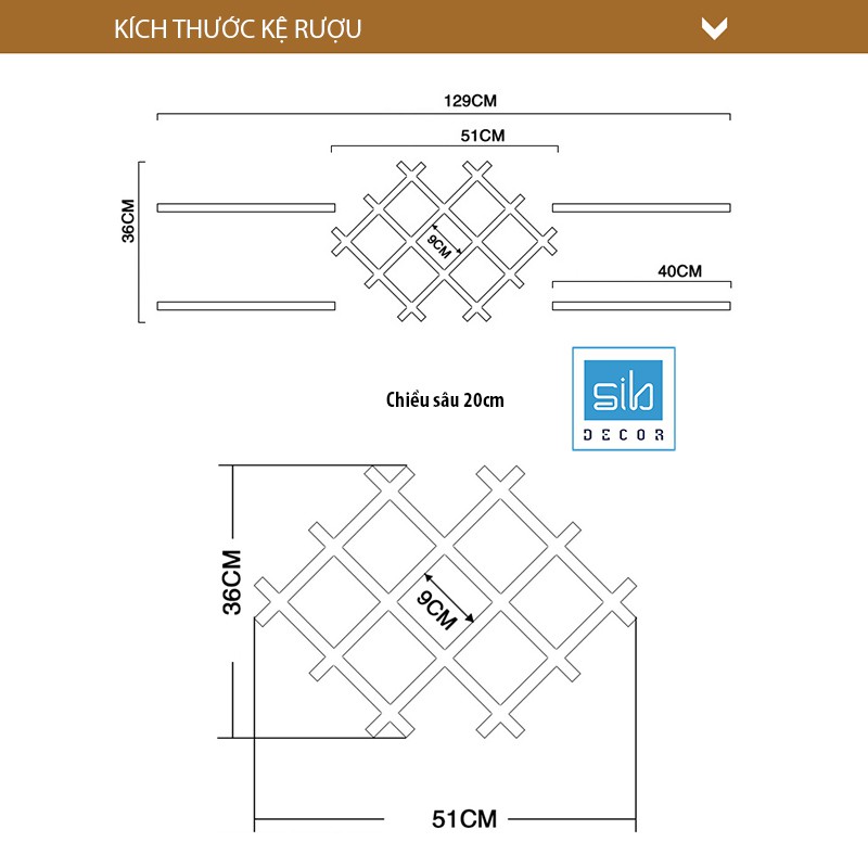 Kệ Để Rượu Trang Trí Treo Tường Nhỏ Xinh SIB Decor, Tặng Kèm 02 Giá Treo Ly Inox 304 Cao Cấp KR06