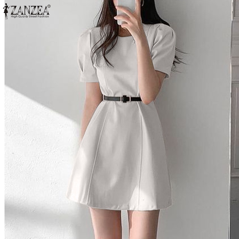 Đầm mini Zanzea tay ngắn phồng màu trơn dáng rộng có khóa kéo sau lưng thời trang cho nữ