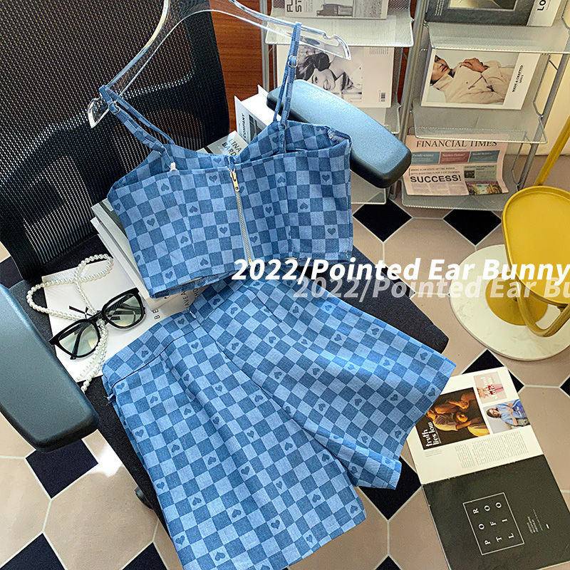 Bộ Đồ Hai Dây Kẻ Sọc Màu Xanh Dương Bộ Váy 2 Chiếc Phong Cách Hàn Quốc Mùa Hè Phương Tây Cho Nữ