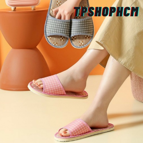 Dép chiếu cói quai ngang hoạ tiết caro tươi trẻ chất liệu thiên nhiên êm chân chống trượt hàng cao cấp