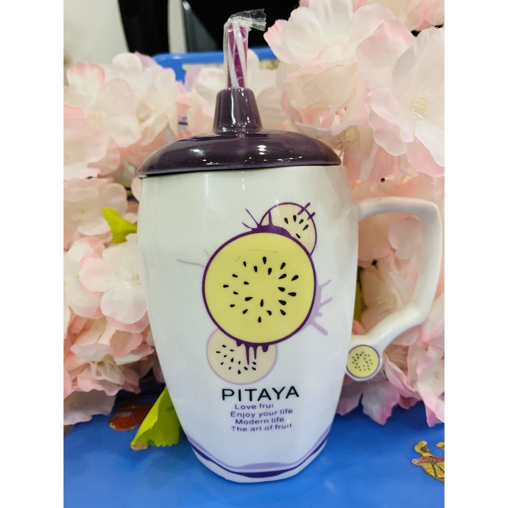 Cốc/Ly sứ nắp lỗ kèm ống hút siêu xinh - 450ml - Chọn mẫu (Mẫu hoa quả) LOẠI ĐẸP