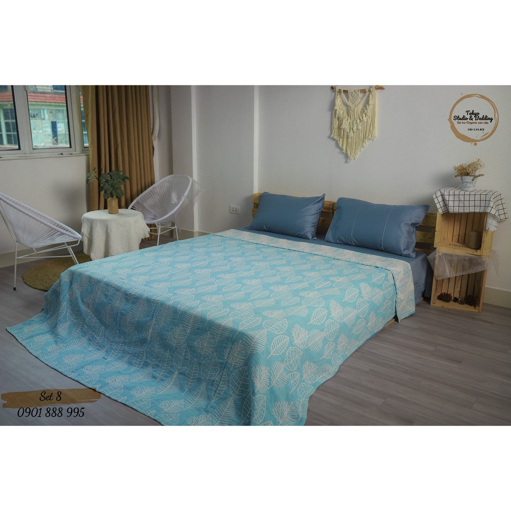 Set 08_Chăn Xô Cotton Sợi tre Organic dòng Basic &amp; Ga gối Lụa