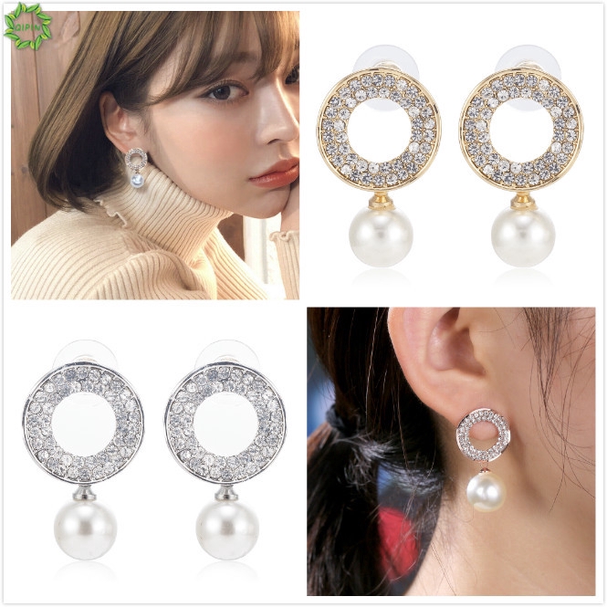 Bông tai dạng xỏ hình tròn đính đá và hạt ngọc trai lớn nhân tạo phong cách Hàn Quốc thanh lịch thời trang