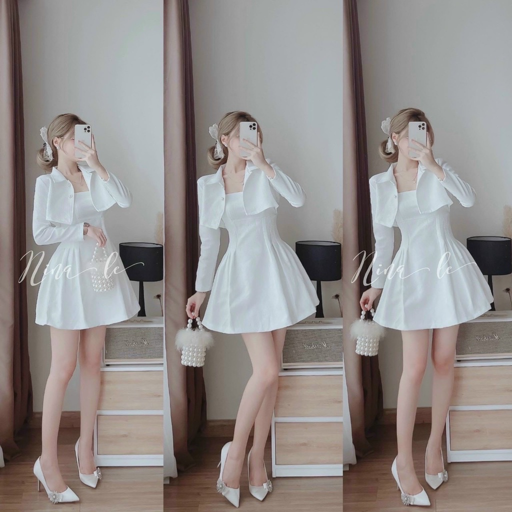 Set Đồ Xinh ⚡𝙎𝙄𝙀̂𝙐 𝙎𝘼𝙇𝙀⚡ Set Bộ Váy Xòe Xếp Ly Có Mút Ngực Kèm Áo Khoác Dài Tay