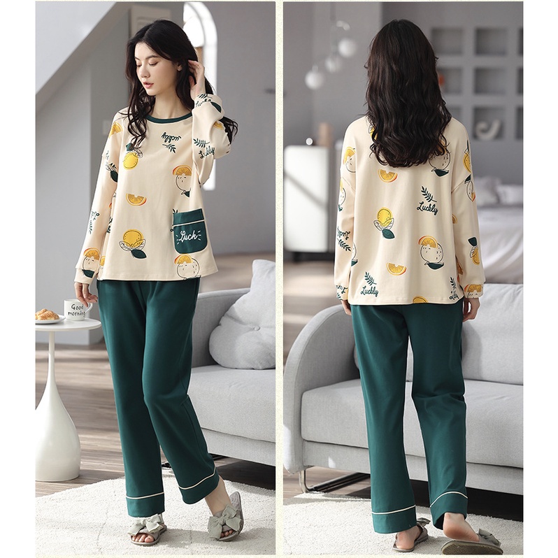 [Hàng Oder Sẵn] Bộ đồ ngủ thu đông in hình dễ thương chất liệu Cotton co giãn 4 chiều mặc nhà và đi chơi- Cam