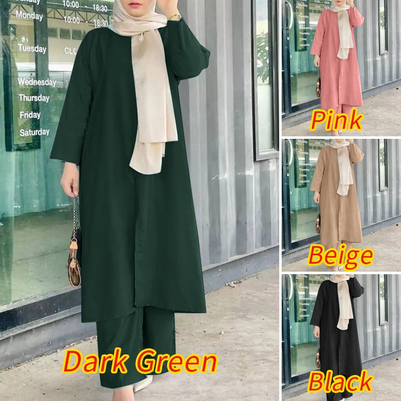 Bộ đồ Hồi Giáo ZANZEA dáng rộng cổ tròn tay dài xẻ tà màu trơn thời trang cho nữ