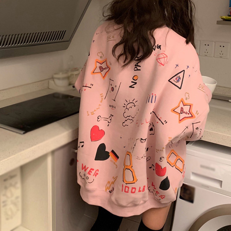Áo Sweater Dáng Rộng In Họa Tiết Graffiti Kiểu Hàn Quốc Xinh Xắn Dành Cho Nữ
