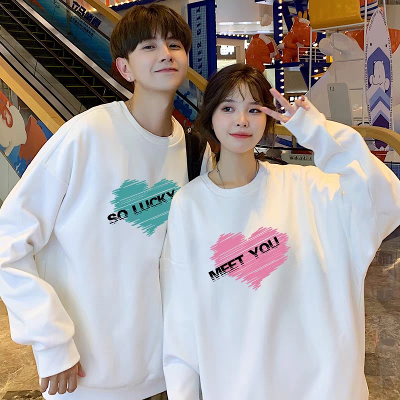 Áo đôi trái tim Miss You - So Lucky form rộng Unisex, áo đôi Sweater nỉ bông dày ấm áp