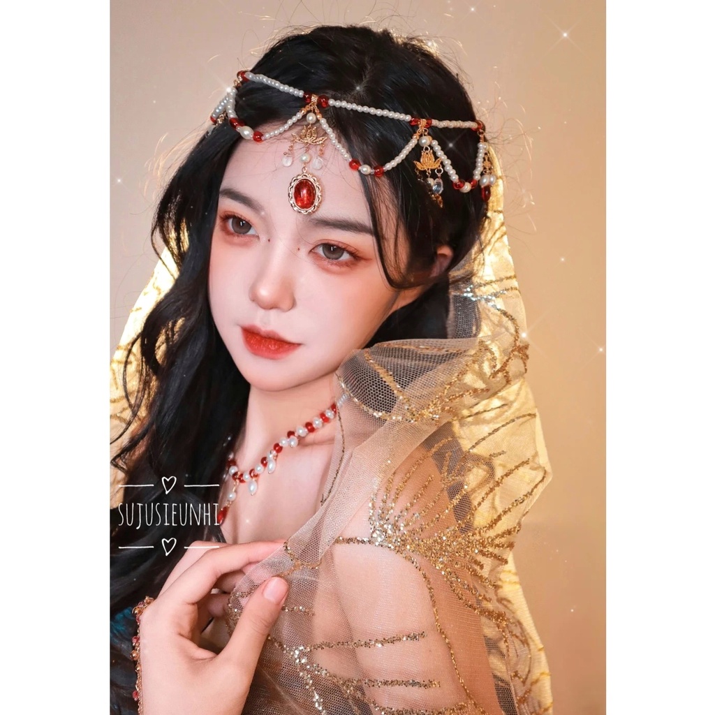 2 mẫu vòng ngọc nhân tạo màu đỏ đeo cổ, đeo trán phong cách cổ xưa Trung Hoa