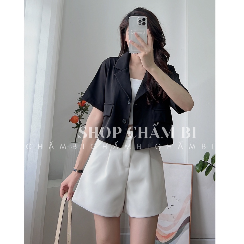 Áo khoác nữ Hàn Quốc A.331, Áo blazer dáng ngắn cổ vest 2 cúc dọc túi nắp chéo cách điệu cá tính - Thời trang nữ Chấm Bi | BigBuy360 - bigbuy360.vn