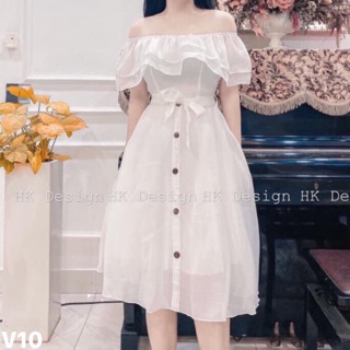 Váy trễ vai cúc đai eo sẵn hàng tại shop