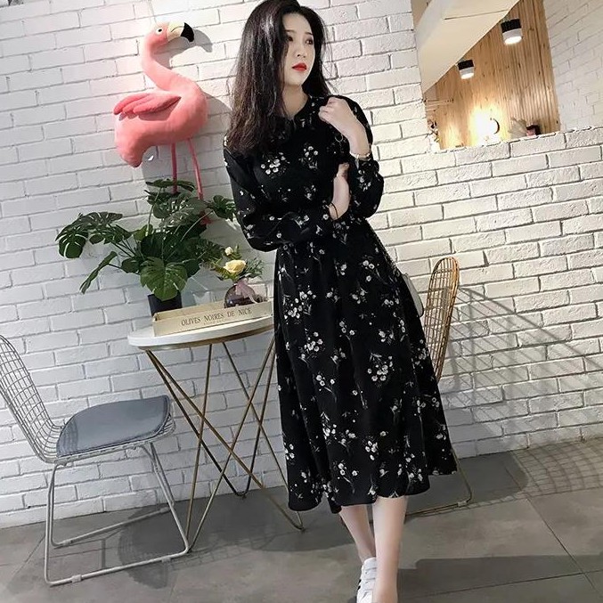 Korean style classic long-sleeve floral chiffon dress