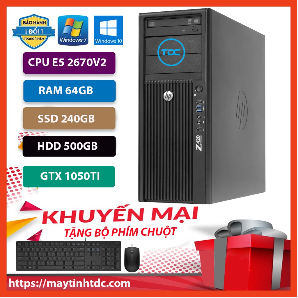 Máy Trạm HP Z420 Chuyên Đồ Họa/Game Nặng CPU E5 2670 V2 Ram 64GB,SSD 240GB,HDD 500GB,Card Rời GTX 1050TI+Qùa Tặng