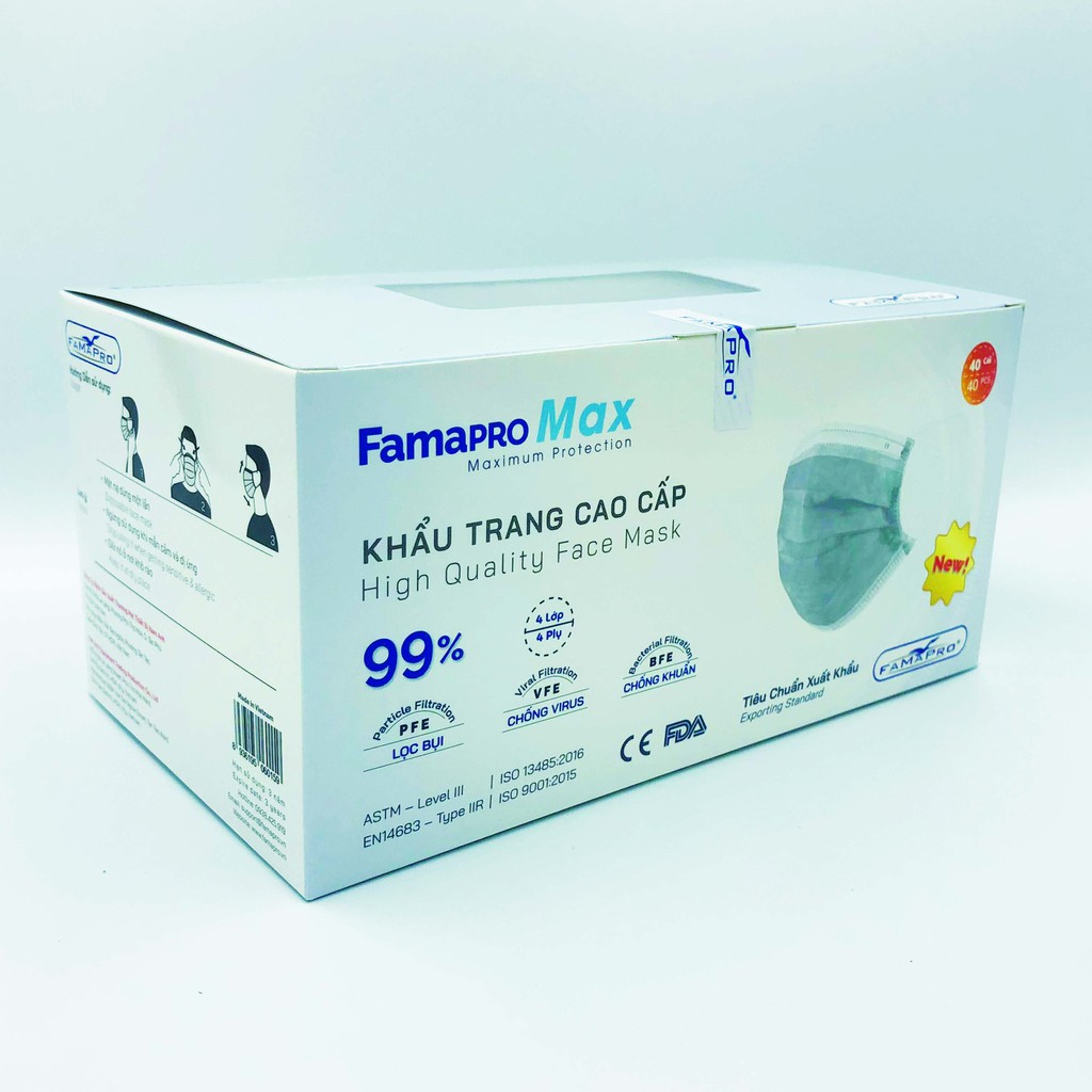 Khẩu trang y tế kháng khuẩn 4 lớp cao cấp FAMAPRO MAX, hộp 40 cái chính hãng công ty Nam Anh