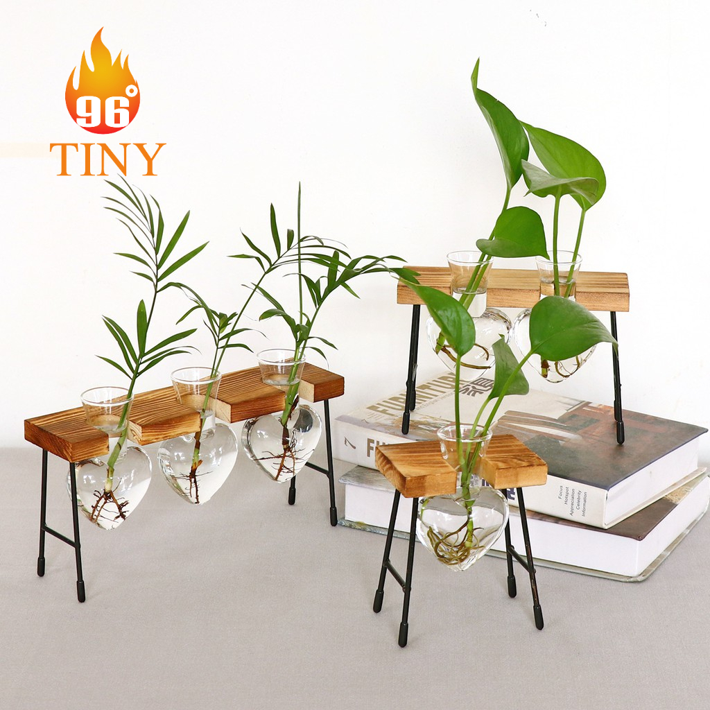 Lọ thủy tinh hình trái tim cắm hoa, trồng cây thủy sinh có khung gỗ và chân đế kim loại