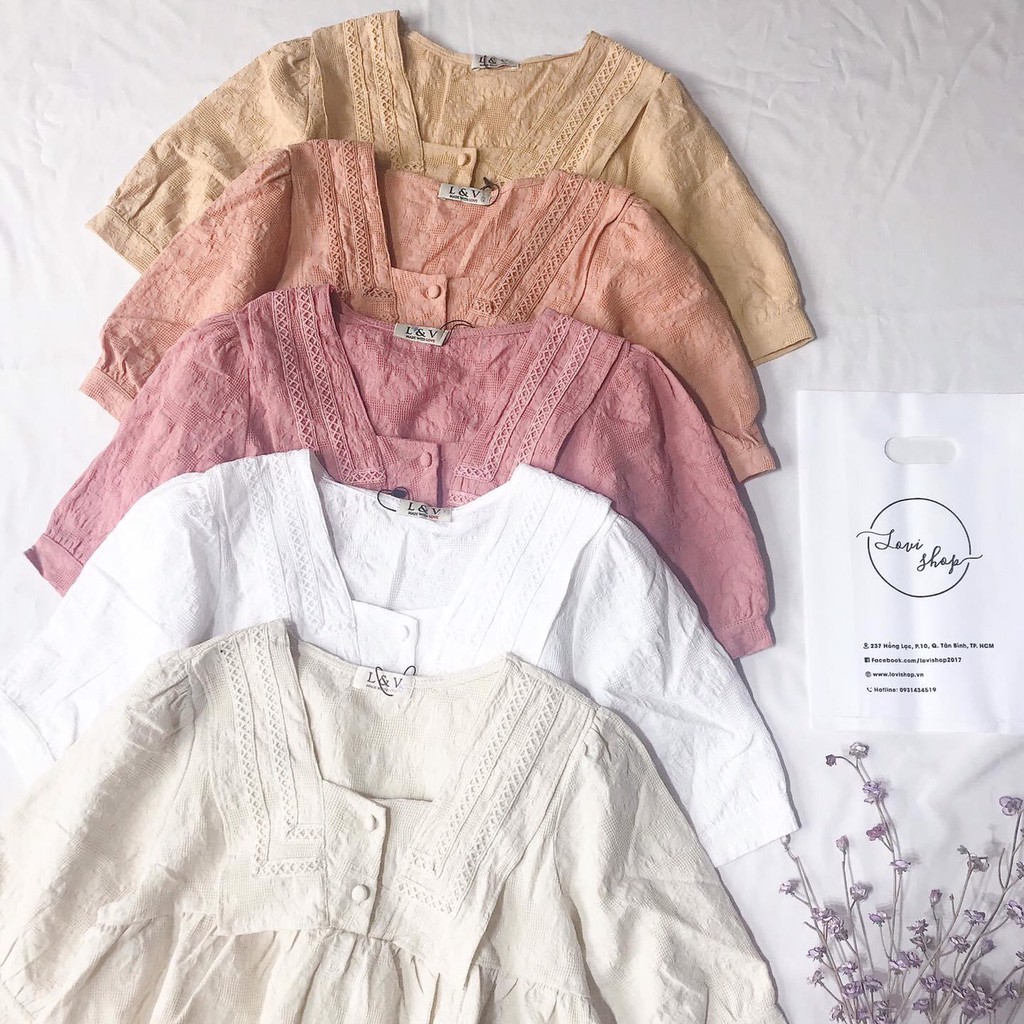 Áo babydoll xô viền 3 nút bọc Áo xô thêu Lovi