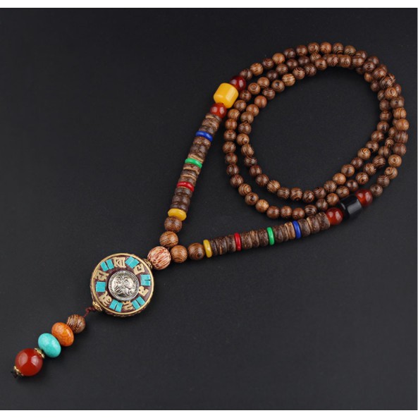 Vòng đeo cổ gỗ + hạt bồ đề phong cách Boho Vintage