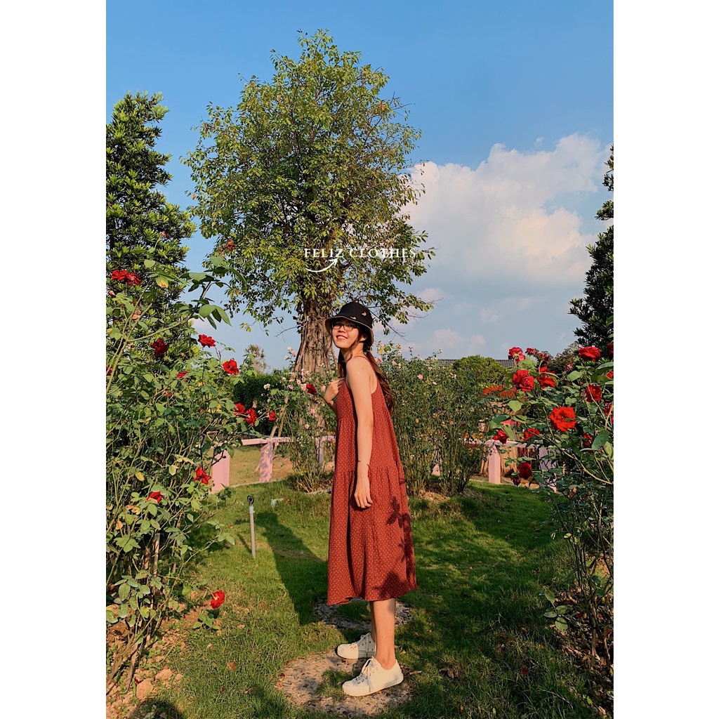 Đầm hai dây hoa nhí màu đỏ mận chất xô muslin cực fresh