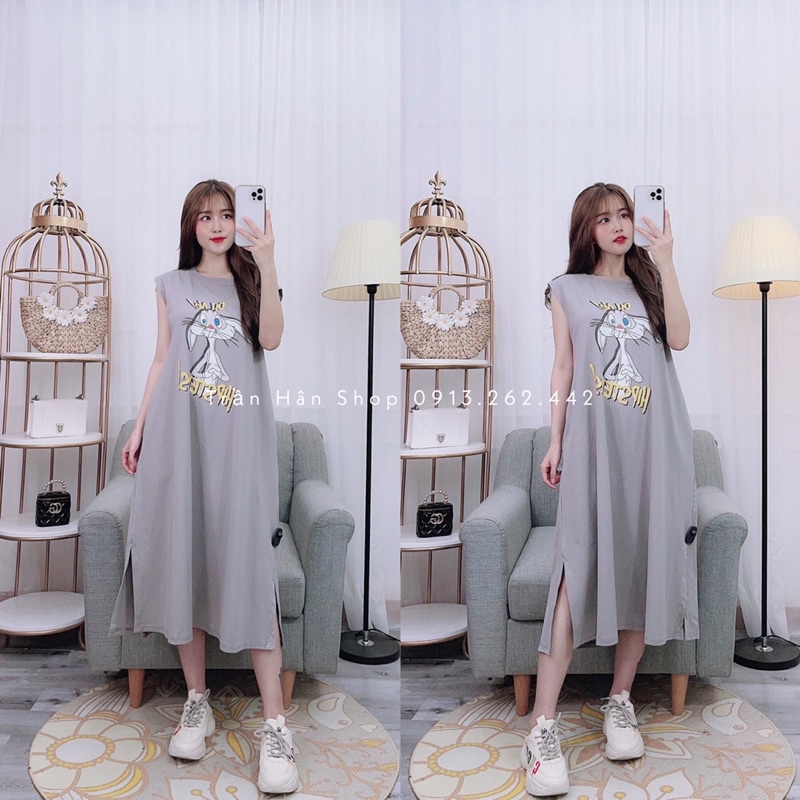 váy đầm thun suông sát nách in hình thổ zip form rộng xẻ tà bầu bì bon chen thoải mái diện hè✨3006269